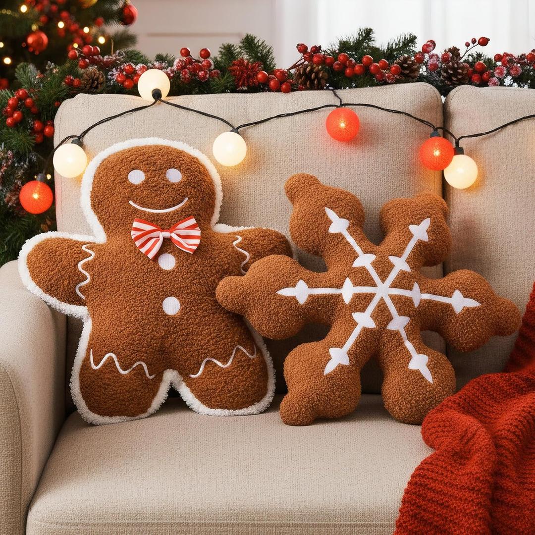 Thyle 2 Pcs Christmas Gingerbread Man Snowflake Throw Pillows Plush Throw Pillow Decorations for Christmas Xmas Winter Holiday Party Home Couch Sofa Bed Seasonal Cushion Gift