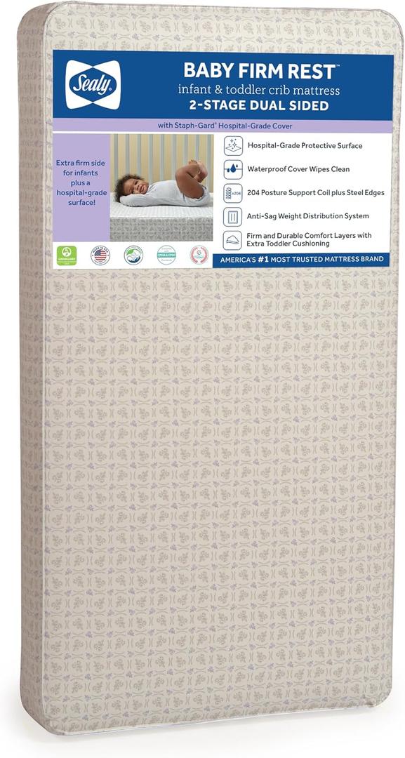 Sealy Baby Firm Rest Antibacterial Breathable Crib Mattress, Made in USA, GREENGUARD Gold Certified, 204 Steel Coils, 2 Stage, Toddler Bed Fit, Waterproof, Non Toxic, Safety & Quality Tested, 52x28"