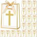 Gilprop 20 Pcs Religious Baptism Party Favor Bags Clear Gift Bags with Handles Ribbon for First Communion, Gold Cross Religious Christening Church Christian Baptism Supplies, 10 x 7 Inch (Gold), 1 count