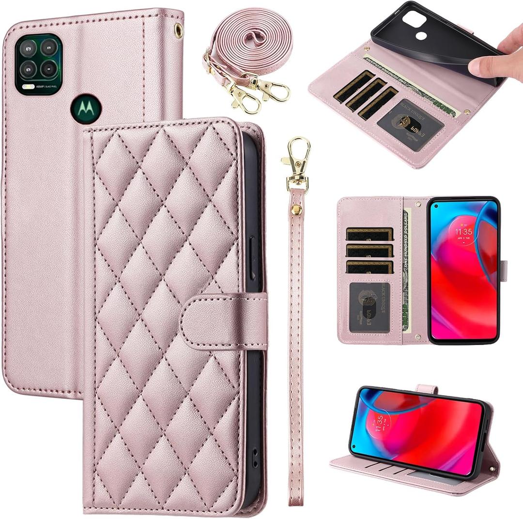 Argyle Wallet Case for Moto G Stylus 5G 2021 with Wrist Strap Shoulder Strap Card Slots Folio Purse, Luxury PU Leather Stand Accessories Phone Cover for Motorola GStylus G5 XT2131DL Rose Gold (Pink)