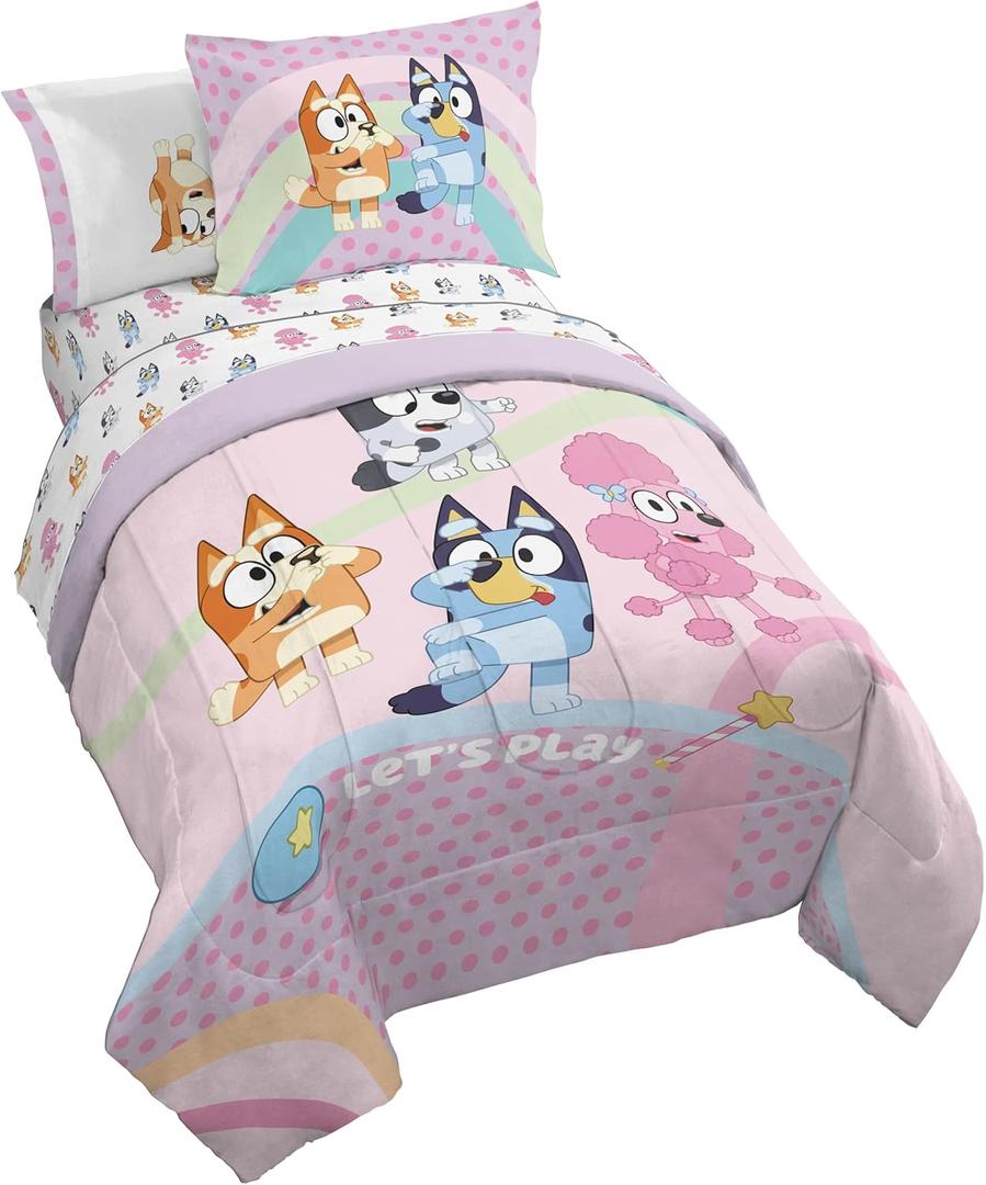 Jay Franco Kids Comforter Set Includes Sheets and Pillow Covers - Soft and Cozy Bed Set for Stylish Room Decor, Pink - Bluey 5 Piece Twin Size Bedding