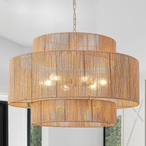 30.7in Large Rattan Chandeliers, 3-Tier Woven Boho Pendant Lights, Hemp Rope Hanging Ceiling Light, Wicker Lighting Fixture for Living Room, Dining Room, Bedroom, Kitchen Island