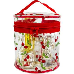 Printed Cherrys Clear Cylinder Travel Makeup Bag,7.1x6.3x6.3inches Portable Waterproof Pouch with Handle Ideal for Women and Girl