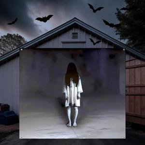Large Halloween Scary Garage Door Cover Banner Halloween Garage Door Decorations Backdrop Wall Background Party Decorations for Home Outdoor Holiday Wall Decor(7x8ft,Ghost)
