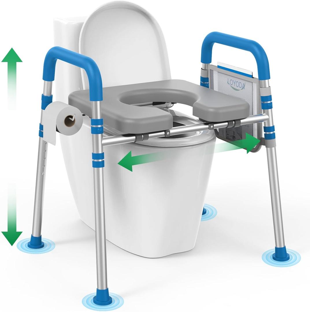 Loyoda Raised Toilet Seat with Handles, Padded Toilet Seat Risers for Seniors, Adjustable Height & Width Toilet Riser, Handicap Elevated Toilet Seat 500lb, Fit Any Toilet