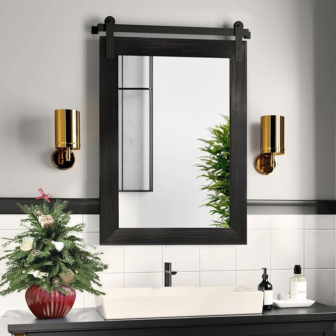 COGOOD Farmhouse Bathroom Mirrors for Over Sink - 30 x 22 Black Barn Door Wood Framed Vanity Mirror for Entryway, Living Room, Bedroom, Dresser Wall Decor
