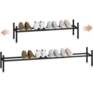 STORAGE MANIAC Long Expandable Shoe Rack, 6 Pairs Metal Wide Stackable Shoe Rack, Adjustable Shoes Shelf, Freestanding Shoes Organizer for Closet, Entryway, Hallway, Garage, Front Door, 1 Tier (Black)
