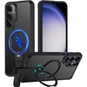 360Spin Magnetic Stand with Silicone Strap for Samsung Galaxy S23 Case [Fit for MagSafe], Mil-Grade Shockproof Translucent Slim Phone Case with Kickstand&Ring Holder for S23 (Black)