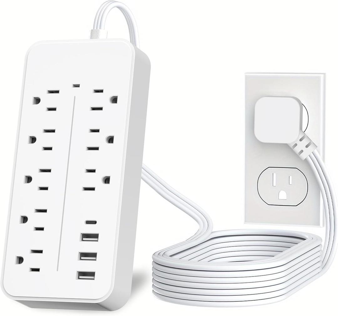 10FT Surge Protector Power Strip Extension Cord, Asamoom ETL Listed Flat Plug Power Strip with Long Cord, 8 Outlets and 3 USB A & 1 USB-C Port, 1700J Wall Mount Desk White