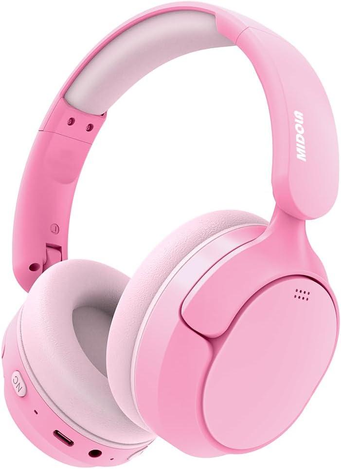 MIDOLA Kids Bluetooth Headphones Active Noise Cancelling,68H Play Time,Lightweight Wireless Foldable Over-Ear Headphone for Kid Toddler,Volume Limited 85/94dB,Headsets with Built-in Mic Pink
