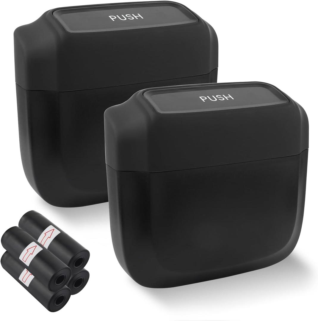 2PCS Car Trash Can with Lid + 60PCS Garbage Bags,Mini Trash Can Interior Accessories for Door/Seat/Center Console/Home/Office,Multifunctional Car Organizers and Storage (Black)