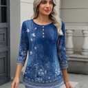 Zeagoo 3/4 Length Sleeve Women Tops Crew Neck Blouses Dressy Casual Summer T Shirts Loose Fit Business Work Clothes (Blue, M)