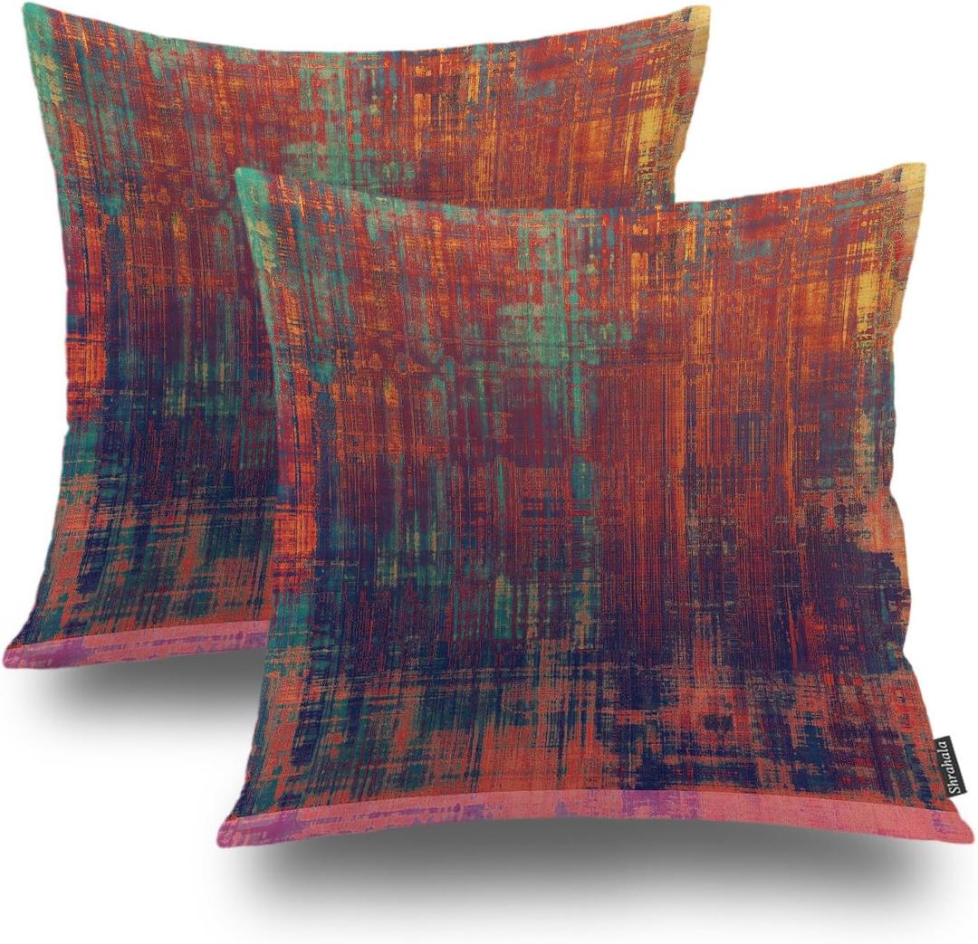 Shrahala Green Art Oil Outdoor Throw Pillow Cover, Red Painting Square Indoor Pillows Water Resistant Linen for Bedroom Living Room Set of 2 (22 X 22 in)