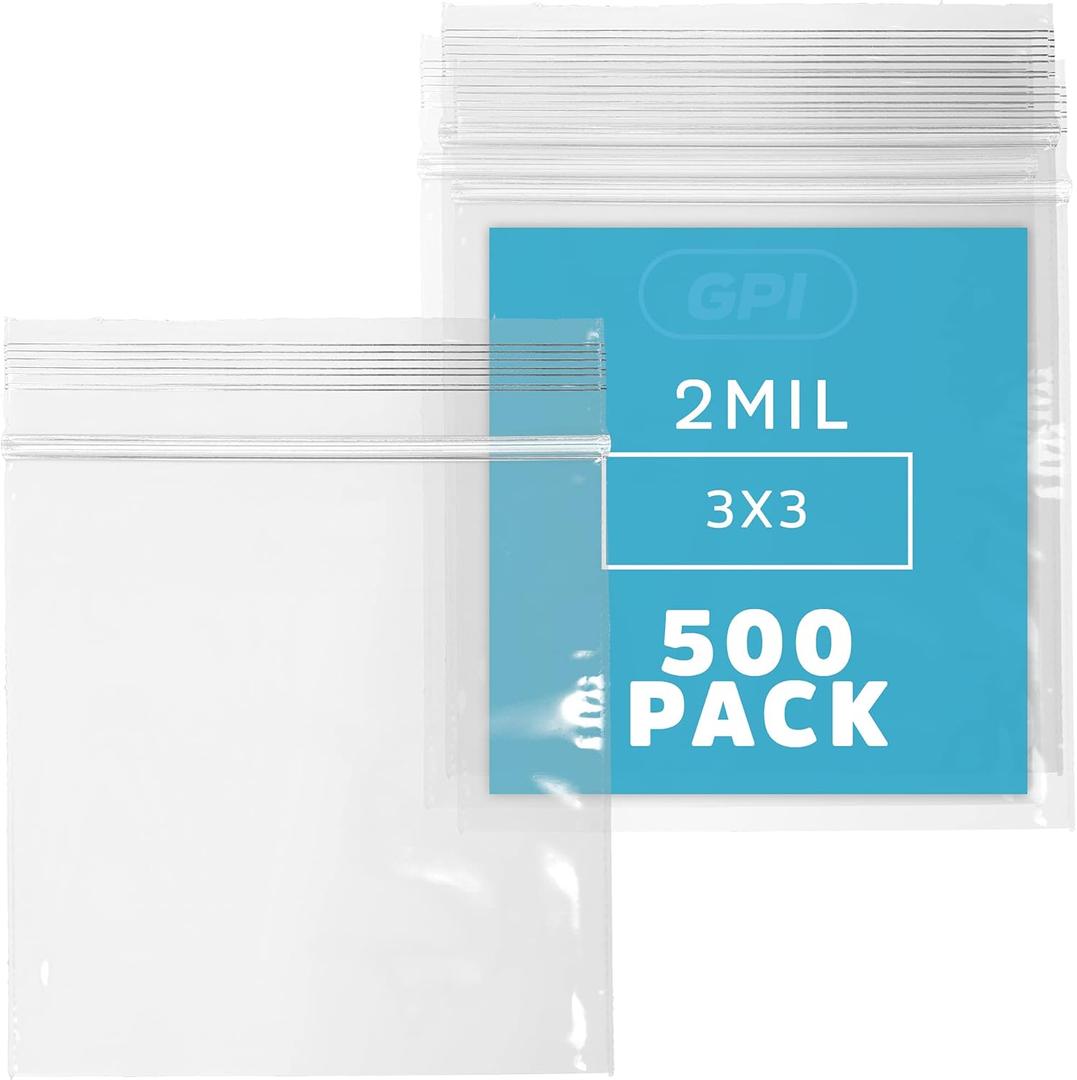 3" x 3" Zip Bags - 500 Count, Small, Clear Plastic Reclosable Zipper Poly Baggies, 2 Mil, with Resealable Zip Top Lock for Packaging Jewelry, Coins, Pills, Candy, Beads, Seeds & More.