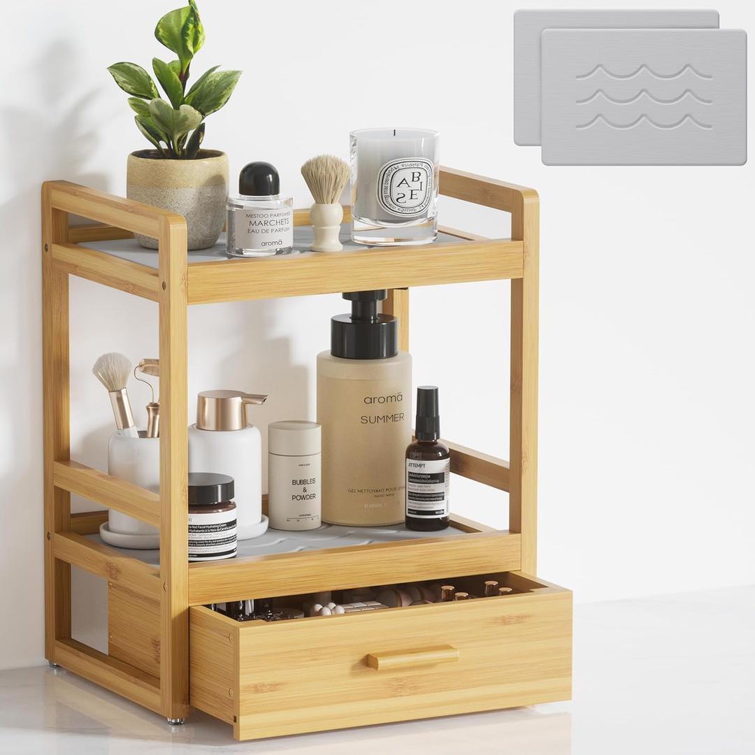 2 Tier Bathroom Organizer Countertop, Bamboo Vanity Organizers and Storage with Drawer for Skincare & Makeup, Counter Shelf with Stone Drying Mat for Coffee Bar, Kitchen, Matcha Station (13L x 15.75"H x 9.5W)