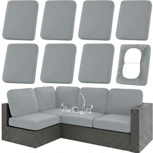 Hyha Waterproof Outdoor Cushion Covers for Patio Furniture, Stretch Patio Chair Cushion Slipcovers, Coated UV Resistant Replacement Seat Covers, Solid Color (Grey, 8PC)