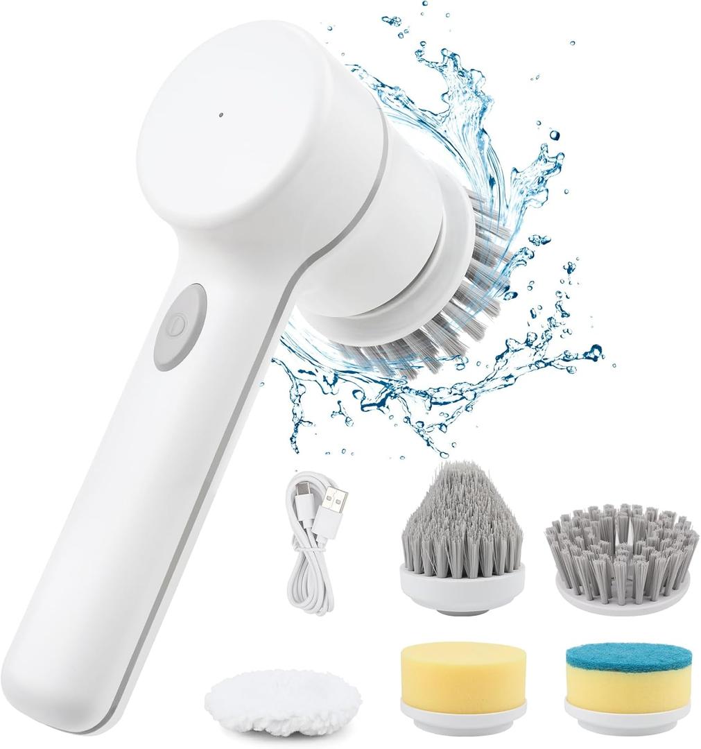Electric Spin Scrubber Cordless Power Cleaning Brush with 5 Replaceable Brush Heads Rechargeable Scrubber for Bathroom Tub Sink Kitchen Dishes Tile Window Floor Grout, White (5 Brush Heads)