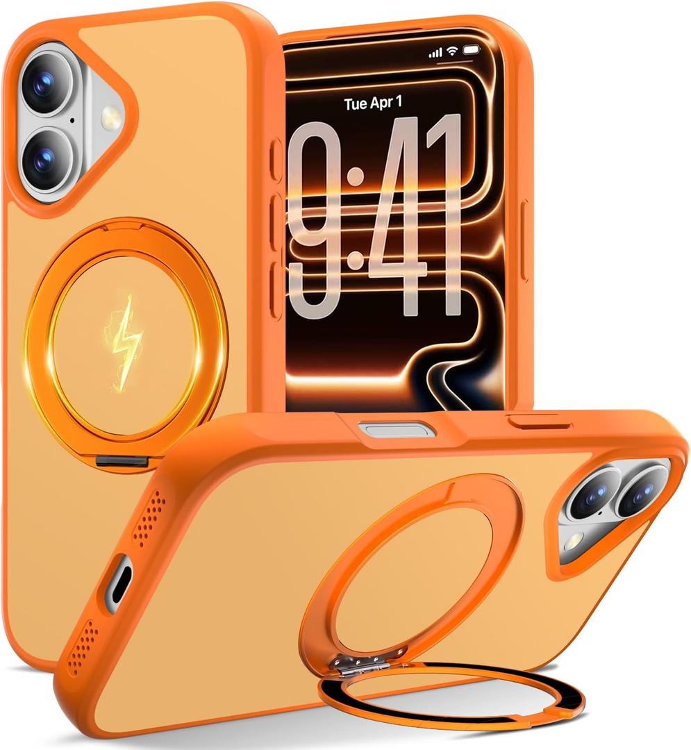 Misscase 360 Spin Magnetic Stand for iPhone 17 Case,[Fit for MagSafe][17FT Military Protection] Matte Translucent Shockproof Protective Cover for iPhone 17 Case with Stand 6.3", Orange