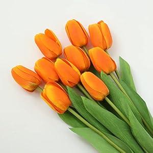 dallisten 10Pcs Orange Artificial Tulips Silk Flowers, Long Stem and Green Leaves, Fake Flowers Decoration for Vase, Wedding, Party, Kitchen, Office, Home, Bedroom, Table Centerpiece Decor
