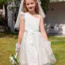 Arshiner Girls Dresses Summer One Shoulder Ruffle Sleeveless Formal Fancy Party Birthday Tulle Dress with Belted (White)