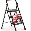 HBTower 3 Step Ladder, Folding Step Stool with Wide Anti-Slip Pedal, 500lbs Sturdy Steel Ladder, Convenient Handgrip, Lightweight, Portable Steel Step Stool, Black