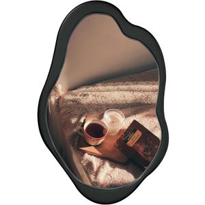 24"x 15" Black Wavy Wall Mirror Wood Frame, Modern Decorative Asymmetrical Mirror for Bedroom, Living Room, Entryway
