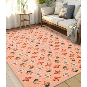 YIHOUSE Orange Floral Washable Area Rug 5'x7'- Small Colorful Living Room Rug Ultra-Thin Non-Slip Area Rug for Bedroom, Nursery Room, Kids Room (Orange, 5x7ft)