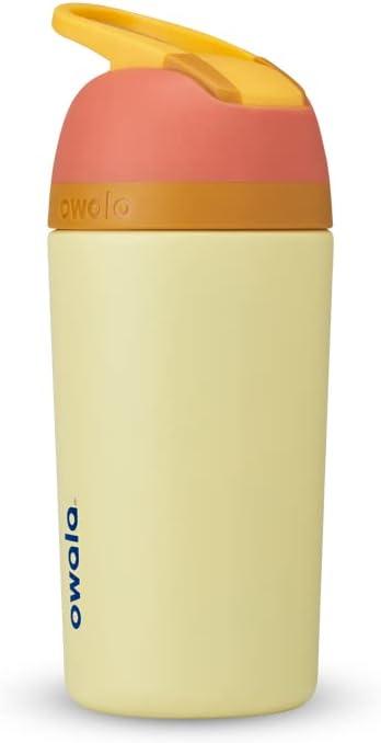 Owala Kids Flip Insulated Stainless-Steel Water Bottle with Straw and Locking Lid, 14-Ounce, Orange/Yellow (Misty Horizon)