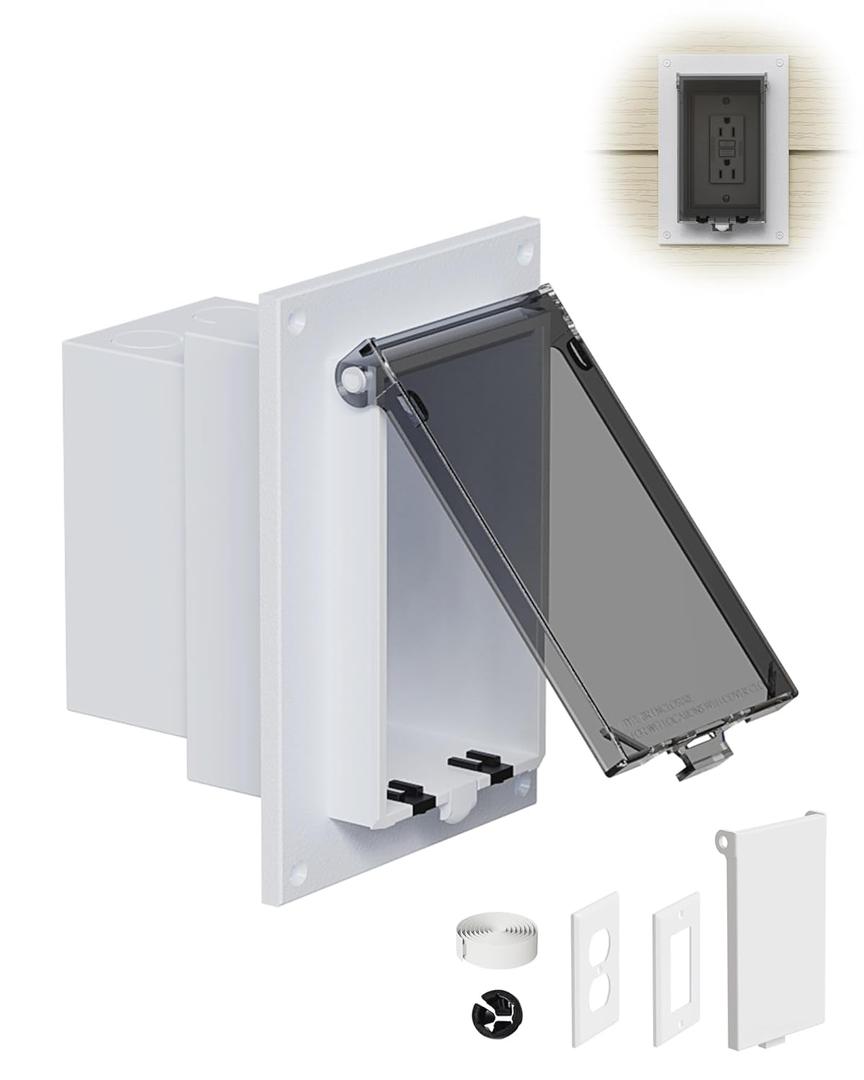 DBVR1W-1 Low Profile IN BOX Exterior Box, Outdoor Recessed Outlet Electrical Box for Wet Location, Recessed Non-Metallic Exterior Outlet Box with 2 Weatherproof Covers, Vertical, 1-Gang, Clear & White