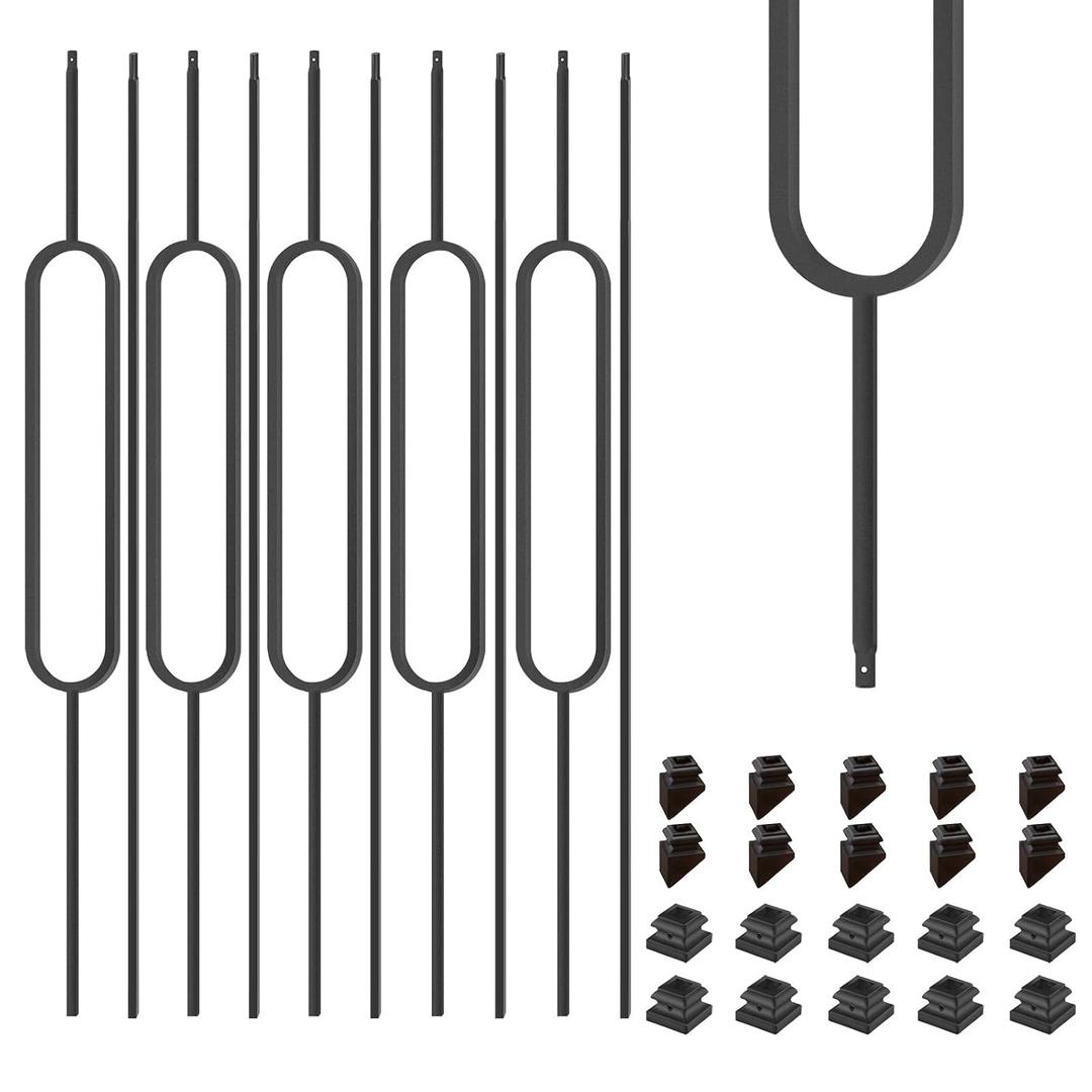 1/2 Inch Wrought Iron Oval Balusters - Hollow Iron Square Plain Bar Stair Balusters - Metal Spindles for Indoor Staircase with Baluster Shoes, Satin Black (10 Pack)