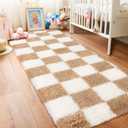 Pionblank Checkered Rug for Bedroom 2x6, Fluffy Runner Rugs for Living Room, Super Soft Shaggy Bedside Carpet for Kids Room Nursery Teens Dorm Decor, Beige and Cream White