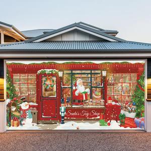 7x16 ft Christmas Garage Door Cover, 2025 Garage Door Christmas Decorations, Large Garage Door Xmas Cover, Outdoor Xmas Banner Decorations (Santas Toy Shop)