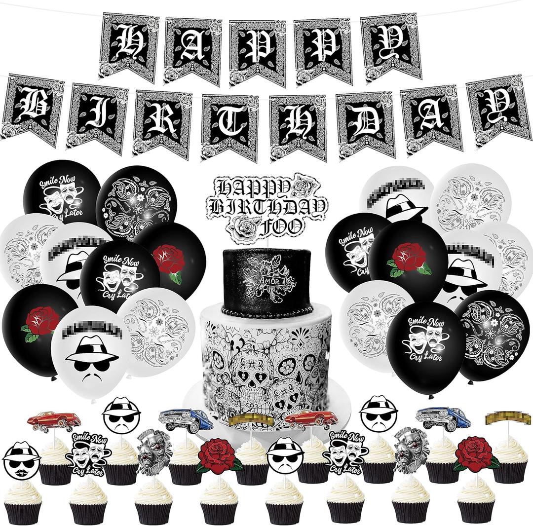 51PCS Cholo Birthday Party Decorations, Early 2000s Party Kit for Teens, Old School Black Cholo Theme Balloons, Happy Birthday Banner and Cake Topper Decor Supplies