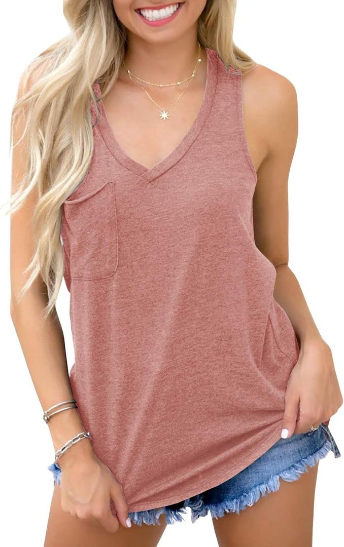 Coutgo Womens V Neck Sleeveless Tank Tops Workout Yoga Loose Lightweight Flowy Summer Tee Shirts with Pocket Pink Size M