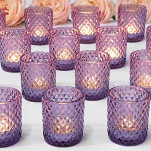 24 Pcs Votive Candle Holders, Purple Glass Candle Holders Bulk for Table Centerpiece, Tea Lights Candle Holders for Wedding Shower, Party and Home Decor (Lavender Purple)