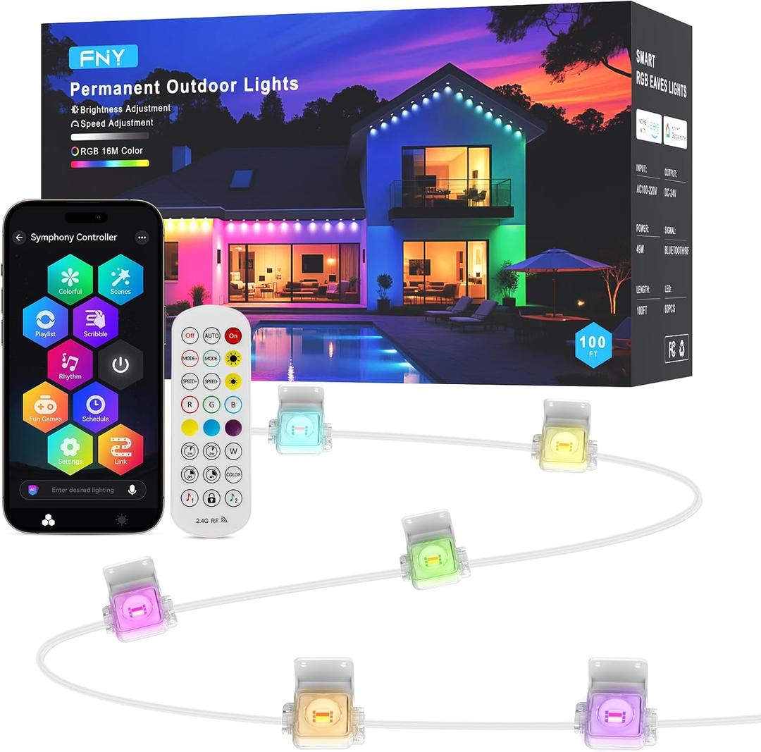 FNY Permanent Outdoor Lights 100ft Smart RGB with 60 LED, IP67 Waterproof for Outdoor Decor, App/Remote Control Eaves Lights Compatible with Alexa, Google Assistant, DIY Scene Modes for Christmas