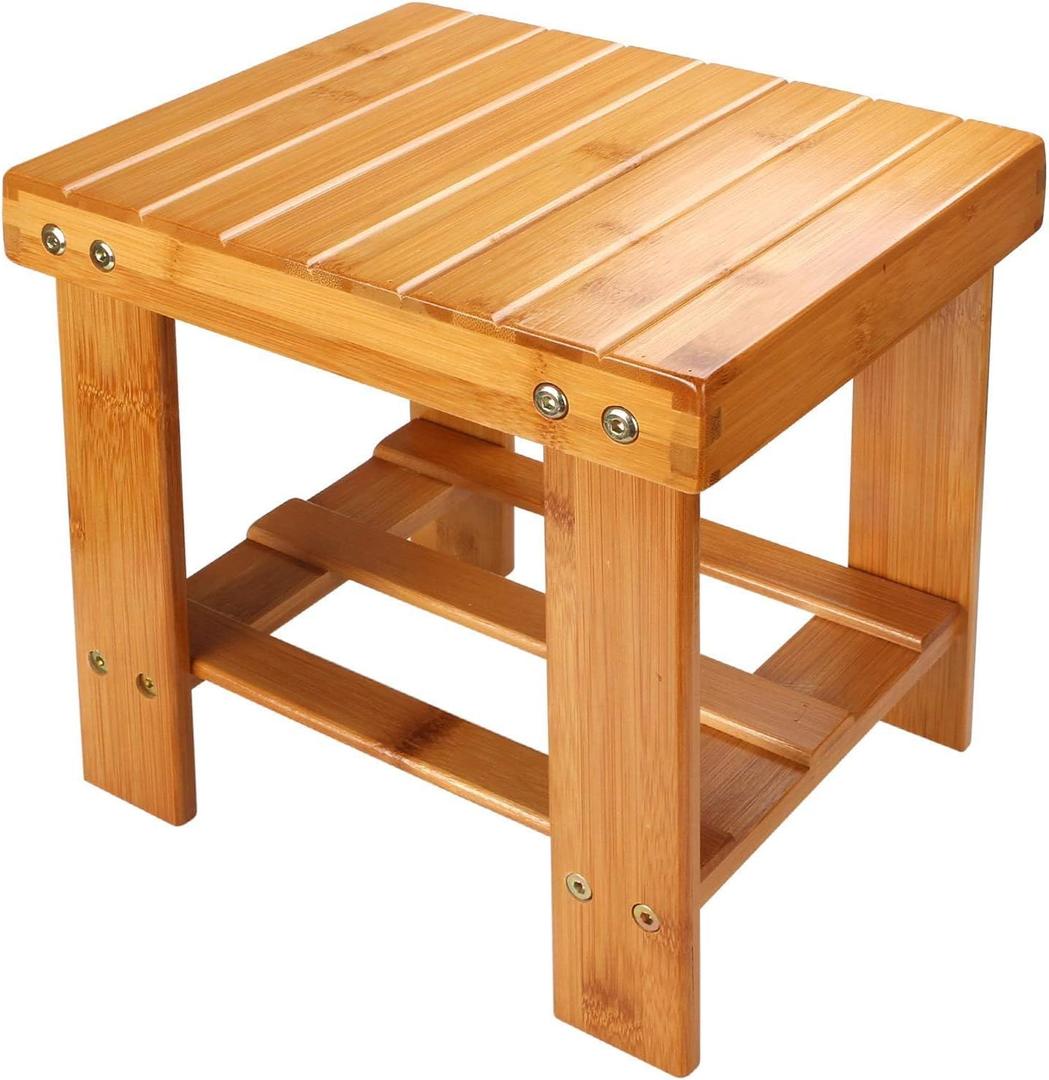 STARVAST Bamboo Shower Stool Small Wood Shower Bench 10 inch Wooden Stool Seat Foot Rest Ideal for for Small Spaces Bathroom Bedside Inside Shower Entryway Shoe Spa Bench