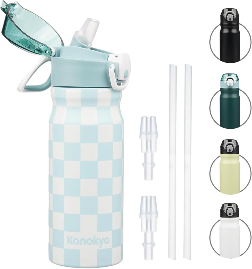 Insulated Water Bottle with Straw and Carry Loop,18 oz Stainless Steel Double Wall Vacuum Metal Water Flask with Leak-proof Lid,Blue White Plaid