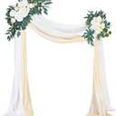 Thiccywoov 4 Pcs Wedding Arch Flowers and Drape Kit Include 2 Artificial Floral Swag and 2 White Chiffon Drapes, Faux Flower Set for DIY Wedding Party Reception Ceremony Backdrop Rose Decoration (Beige)