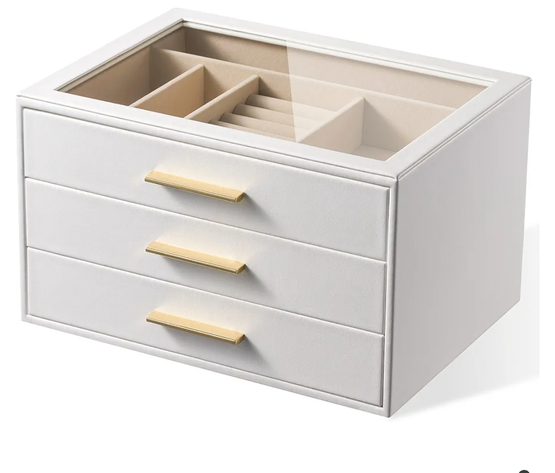 pickpiff Jewelry Box Organizer Case for Women: 3-Layer Jewelry Storage Case with Glass Window, Pure White Leather with Velvet Holder for Ring Necklace Bracelet Brooch Watch, Great Gift for Her