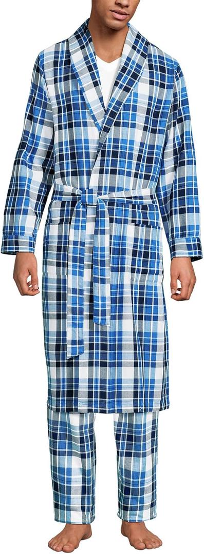 Lands' End Men's Flannel Sleepwear Robe (X-Large, Muted Cobalt Blue Plaid)