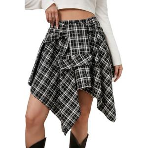 Women's Plaid Skirts Elastic Waisted Short Skirt Knot Front Irregularly Hem Mini Skater Skirt (US, Alpha, Large, XX-Large, Regular, Regular, Black-White-Plaid-Rhinestone)