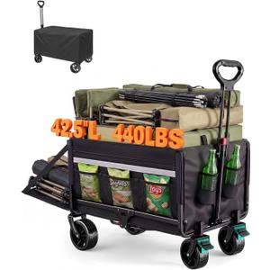 Collapsible Wagon 440lbs Load 42.5" Extra Long with Brake, Cover, Tailgate | 120L Plus Capacity, Heavy Duty, All Terrain, beach wagon, foldable wagon, Folding Wagon for Dogs, Sand, sport, Groceries