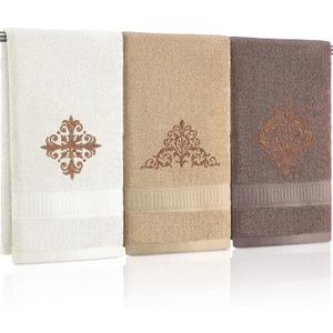 3 Pcs Vintage Brown Hand Towels Fancy Decorative Bathroom Towels 13.3 x 29.5'' Luxury Damascus Embroidered 100% Cotton Soft Absorbent for Bathroom Kitchen Boho Decor (Cute Color)