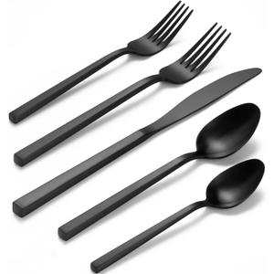 Alata Cube 45-Piece Forged Stainless Steel Flatware Set Cutlery Set with Utensil-Serving Set, Silverware Set Service for 8, Matte Satin Polished, Dishwasher Safe (Black)