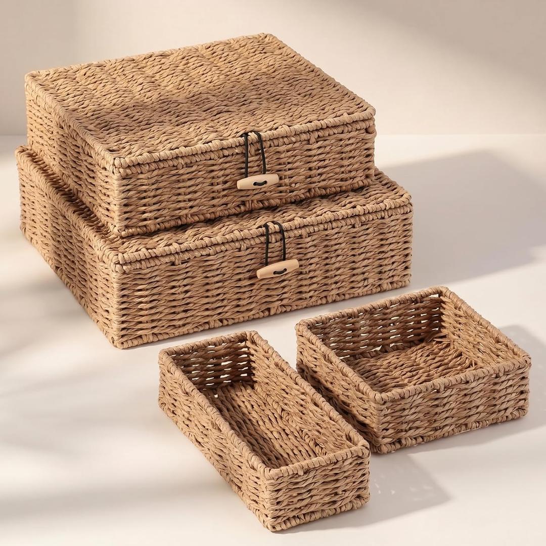 Newtay Set of 4 Woven Wicker Storage Baskets with Lids, Decorative Storage Boxes Lidded Rattan Organizer Bin Home Decor for Shelf, Coffee Table, Closet, Bathroom, Living Room(Paper Rope,Natural Color)