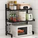 Extendable Microwave Oven Rack, 3-Tier Adjustable Microwave Shelf with 8 Hooks, 14.2 ''- 24.4 '' L Microwave Stand Countertop, Kitchen Over Microwave Shelf with Suction Cup Foot, Microwave Rack Black