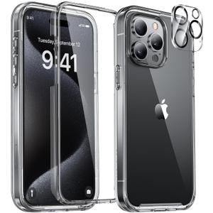 Miracase Glass Series for iPhone 15 Pro Max Case 6.7 Inch, Full-Body Drop Proof Phone Case for iPhone 15 Pro Max with Built-in 9H Tempered Glass Screen Protector + Camera Protector, Clear Black
