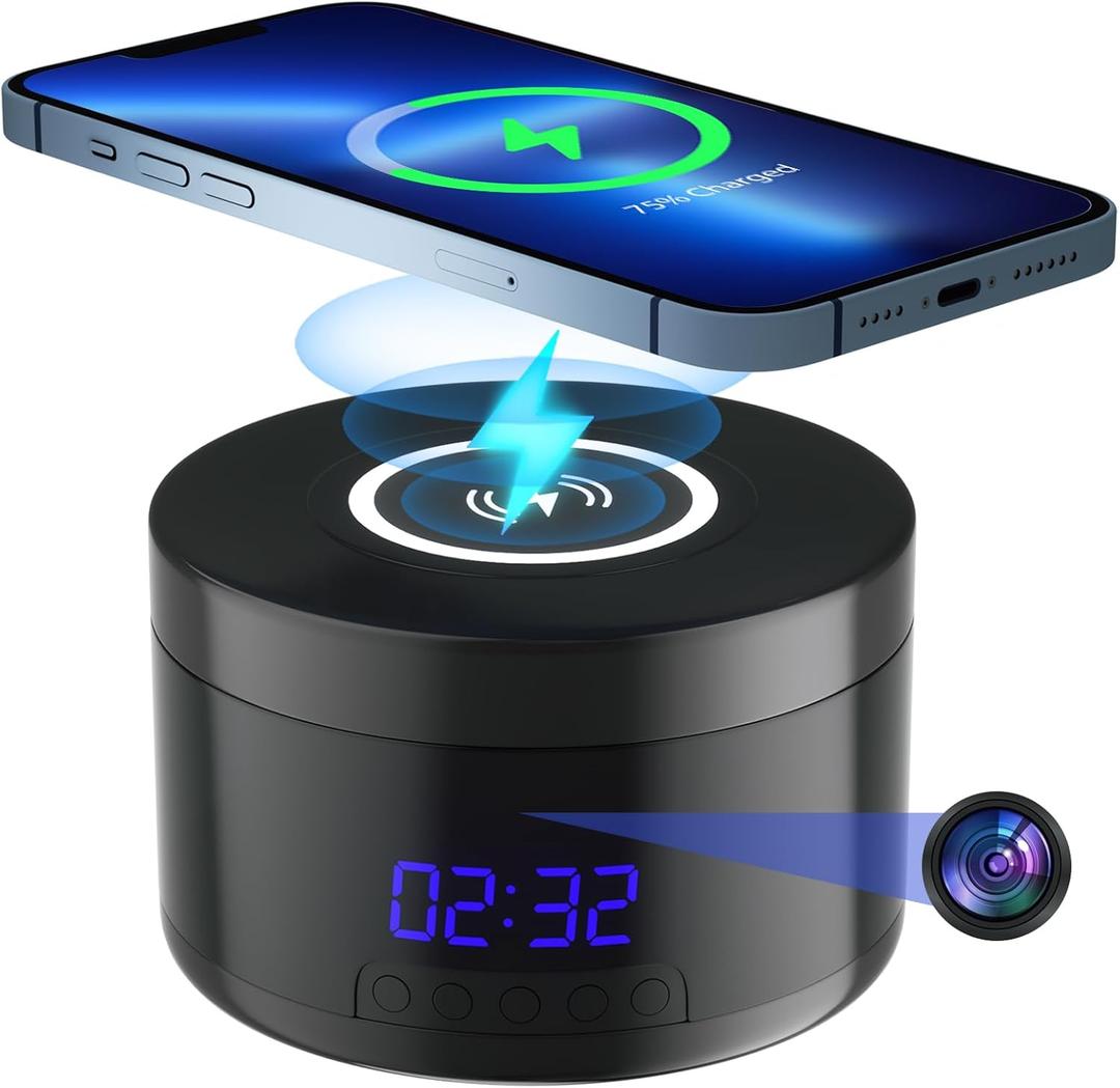 Indoor Camera with Clock and Wireless Charging, 1080P WiFi Cameras for Home, Security Camera with Motion Detection, Night Vision, Local & Cloud Storage,with APP (Black)