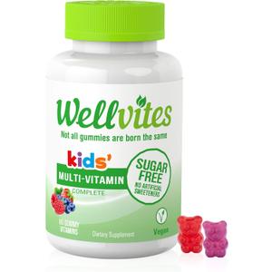 Wellvites Kids Multivitamin Gummies - Sugar Free, Vegan, Non-GMO, Vitamin A, D, B6, B12 and C - No Artificial Sweeteners, Gluten-Free, Gelatin-Free - 60 Count (30 Day Supply), BB: 08/2027